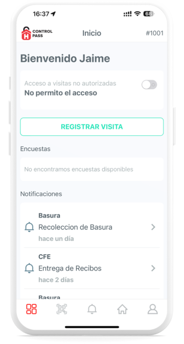 Vista de celular de una aplicación de control de acceso para fraccionamientos de controlPass en mexico