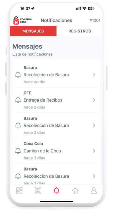 Aplicación para control de acceso para fraccionamientos pagina de lista de mensajes en controlpass mexico